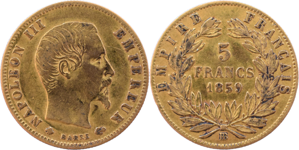 5 francs or Napoléon III 1859 BB TTB droit et revers