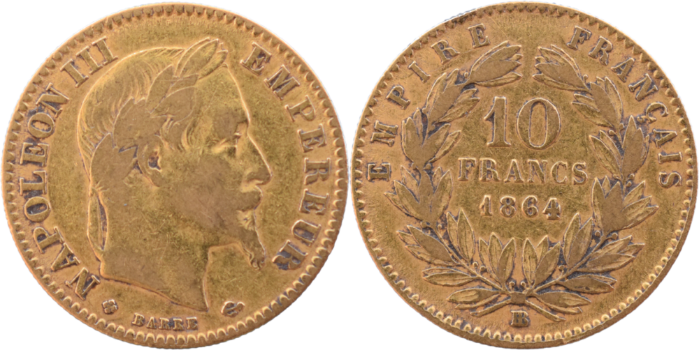 10 francs Napoléon III 1864 Grand BB TB droit et revers