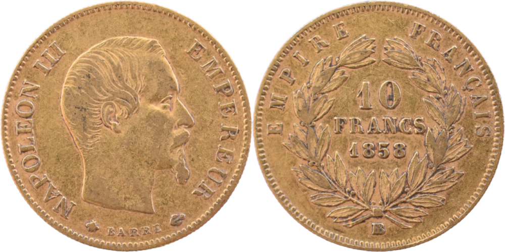 10 francs Napoléon III 1858 BB TTB droit et revers