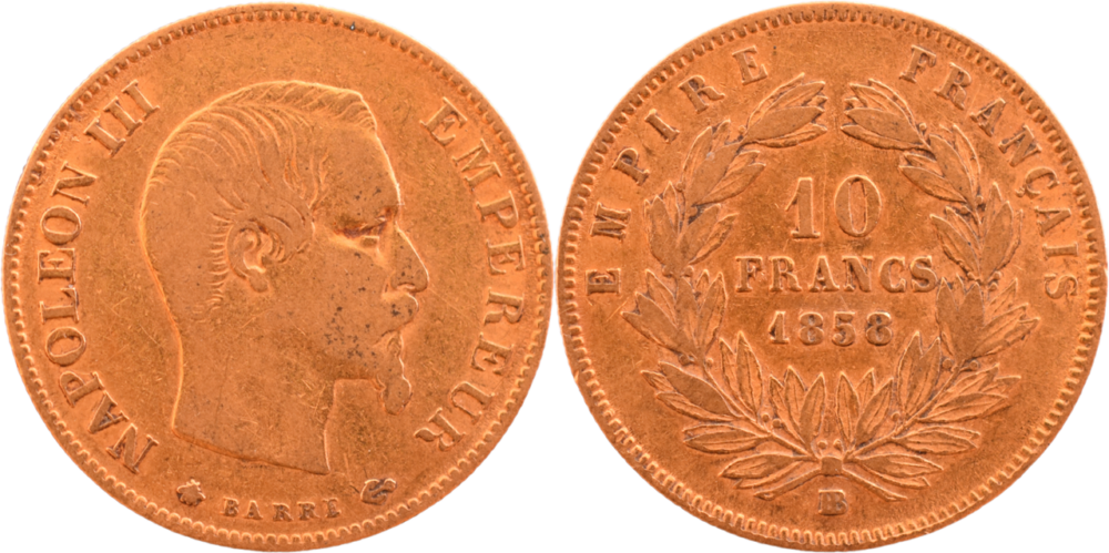 10 francs Napoléon III 1858 BB TB droit et revers