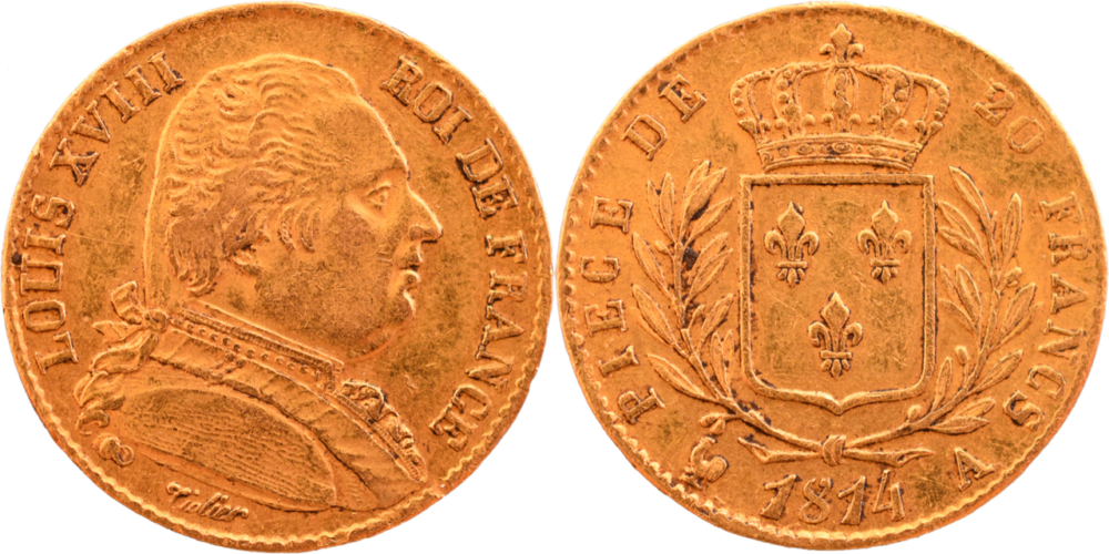 20 francs Louis XVIII 1814 A TTB fautée, coins tournés droit et revers