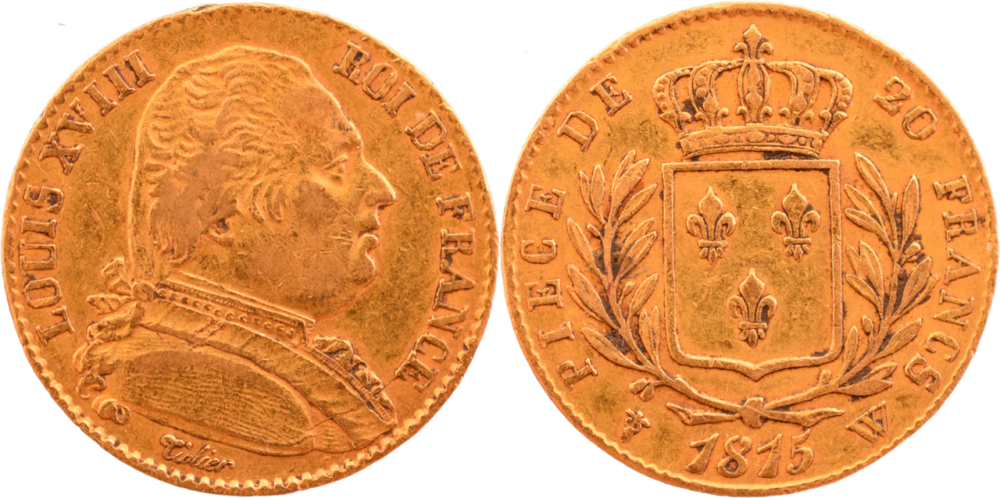 20 francs Louis XVIII 1815 W TTB tranche fautée droit et revers