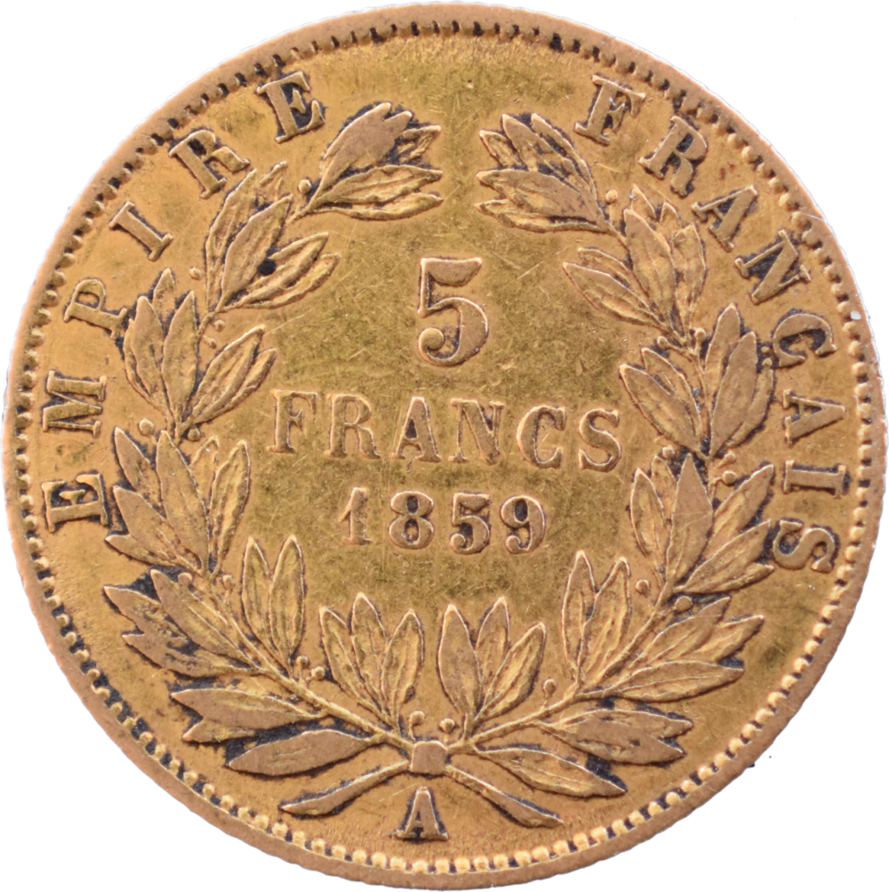 5 francs or Napoléon III 1859 A TB revers