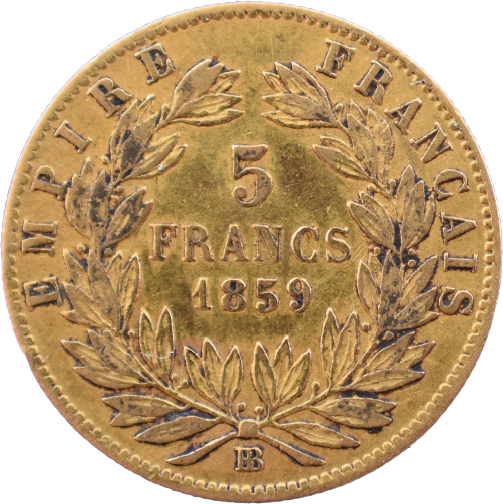 5 francs or Napoléon III 1859 BB TTB revers