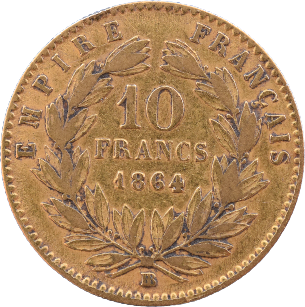 10 francs Napoléon III 1864 Grand BB TB revers