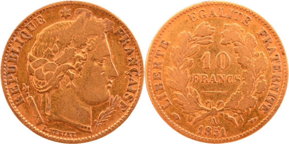 10 francs Cérès 1851 A TB droit et revers