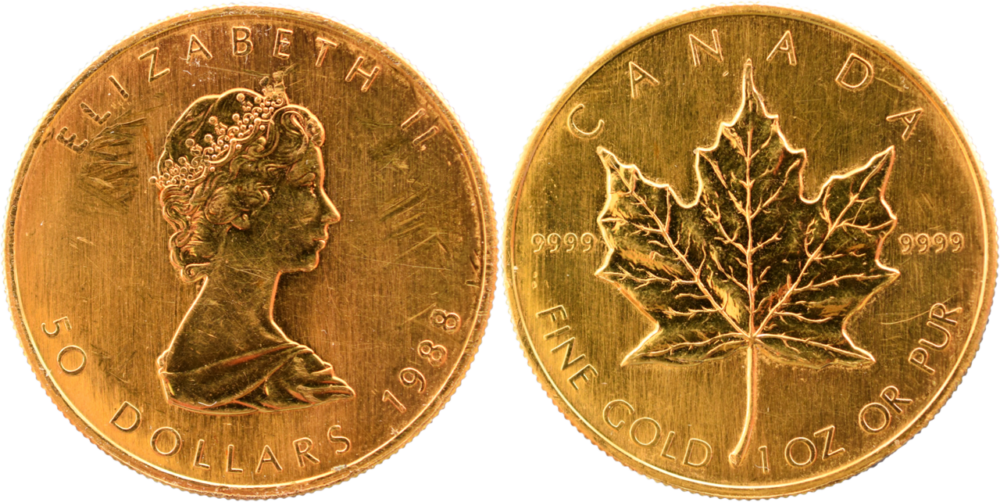 Une Once or 9999 Maple Leaf Oz de 1988 droit et revers