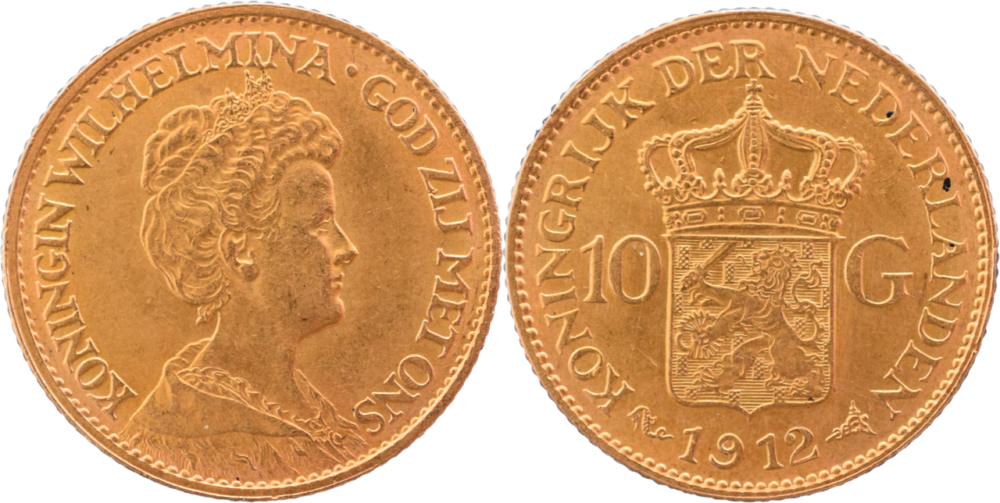 10 Gulden 1912 SUP Wilhelmine couronnée droit et revers