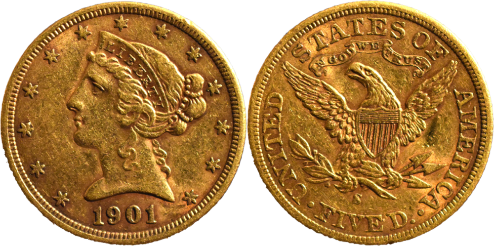 5 dollars 1901 San Francisco TTB half eagles droit et revers