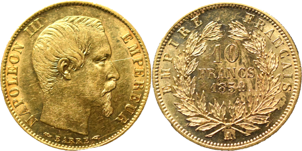 10 francs Napoléon III petit module 1854 A TTB+ droit et revers