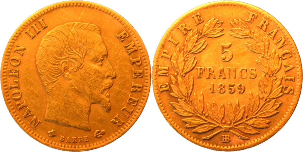 5 francs or Napoléon III 1859 BB TTB droit et revers