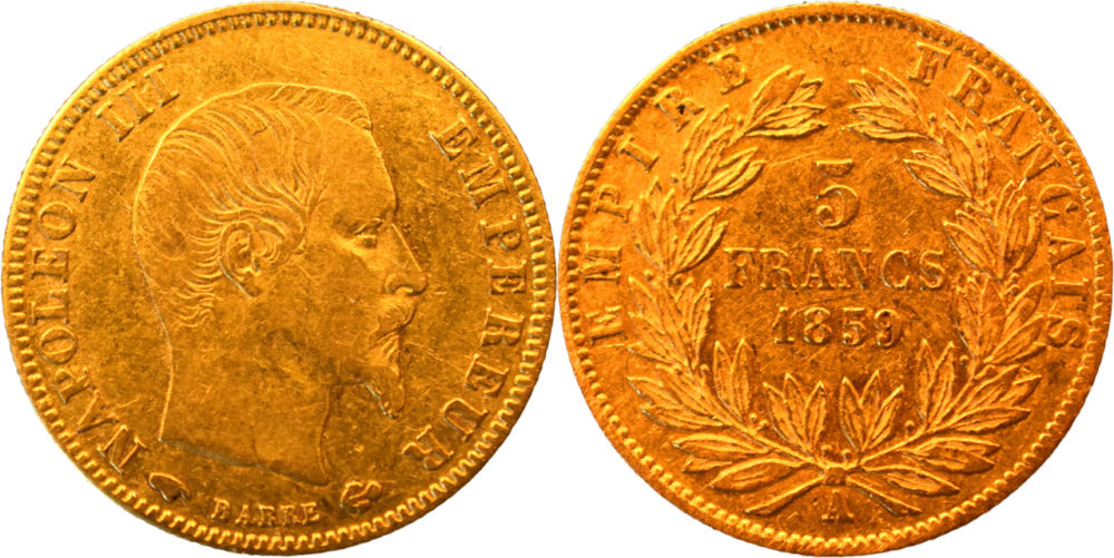 5 francs or Napoléon III 1859 A TTB droit et revers