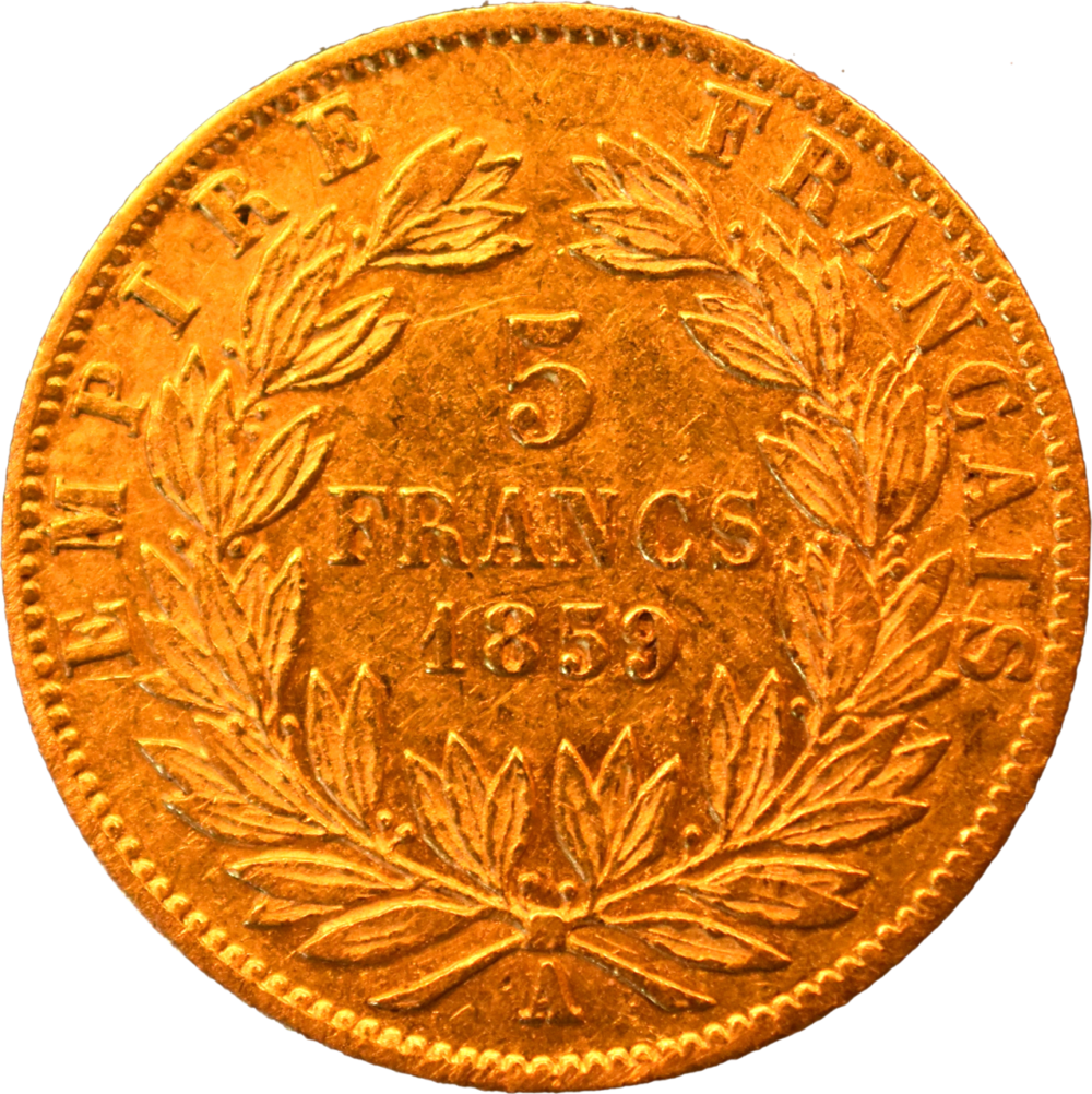 5 francs or Napoléon III 1859 A TTB revers