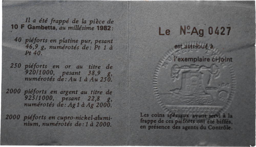 Piéfort 10 francs Gambetta 1982 argent certificat verso