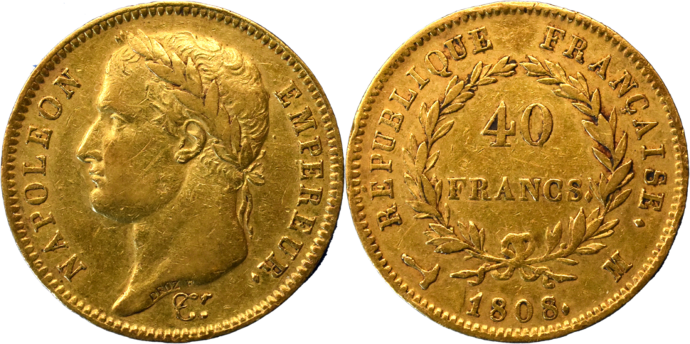 40 francs Napoléon Ier 1808 M TTB fautée droit et revers