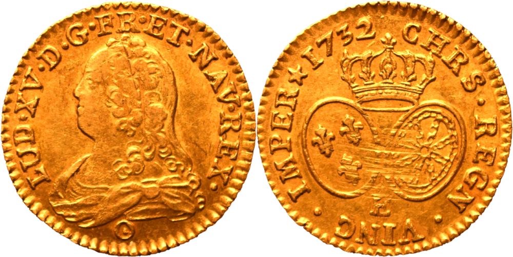 Louis d’or Louis XV 1732 E TTB+ aux écus ovales buste habillé R2 droit et revers