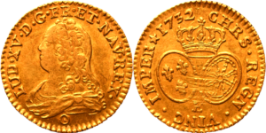 Louis d’or Louis XV 1732 E TTB+ aux écus ovales buste habillé R2 droit et revers