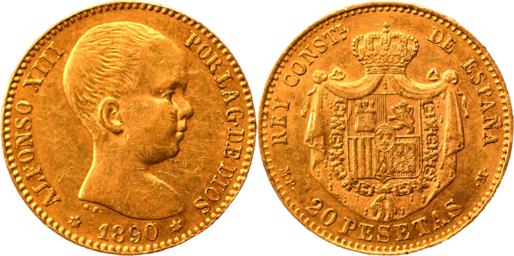 20 pesetas Alfonso XIII 1890 SUP droit et revers