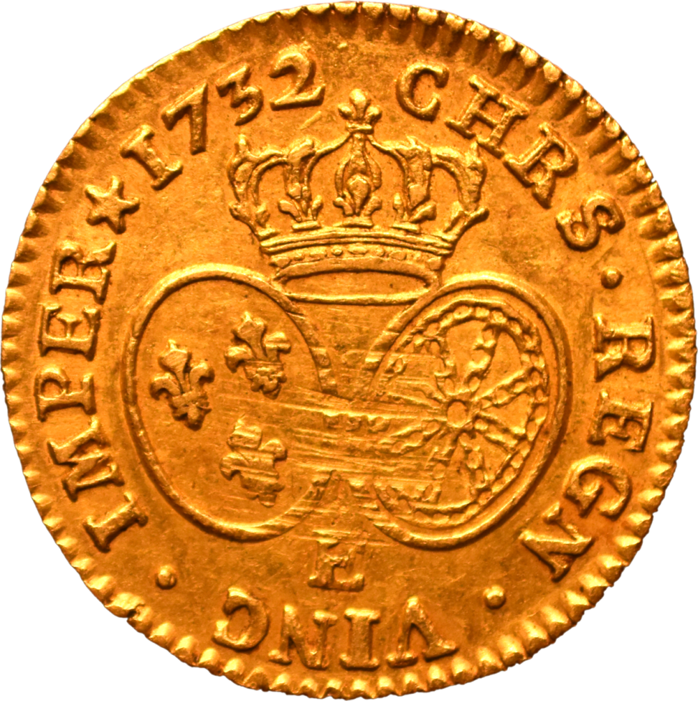 Louis d’or Louis XV 1732 E TTB+ aux écus ovales buste habillé R2 revers