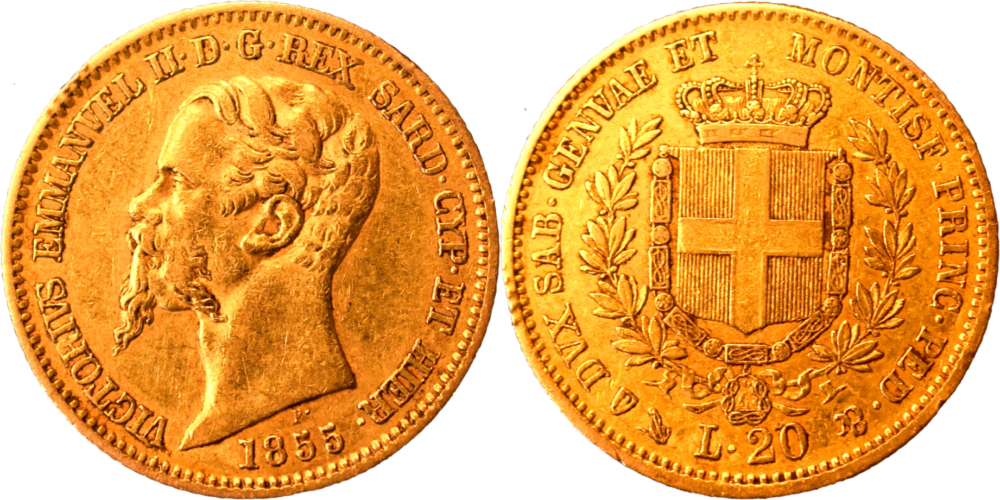 20 lire or Vittorio Emanuele II Roi de Sardaigne selon disponibilités droit et revers