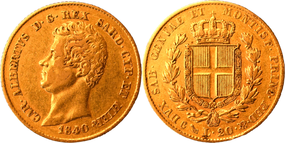 20 lire or Carlo Alberto Roi de Sardaigne 1840 TTB droit et revers