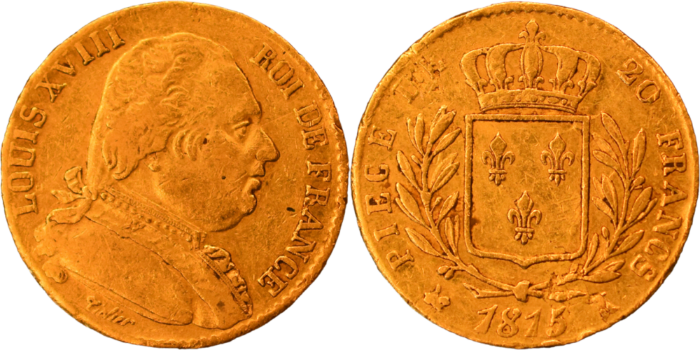 20 francs Louis XVIII 1815 K TB fautée droit et revers