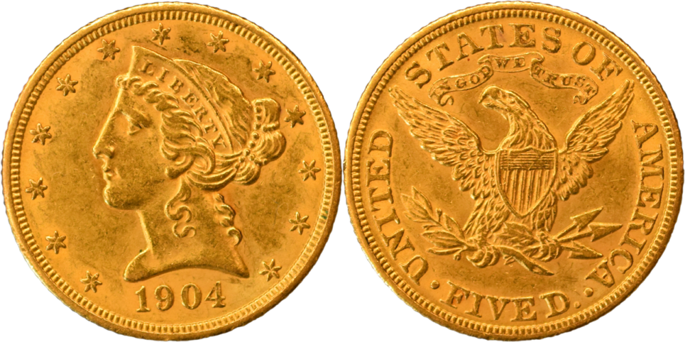 5 dollars 1904 Philadelphie SUP half eagle droit et revers