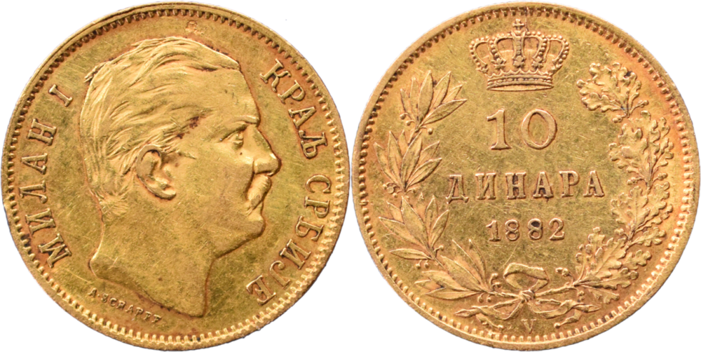 10 dinars or Milan I Serbie 1882 TTB+ droit et revers