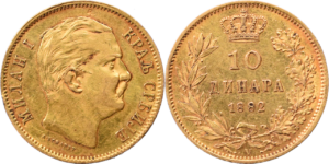 10 dinars or Milan I Serbie 1882 TTB+ droit et revers