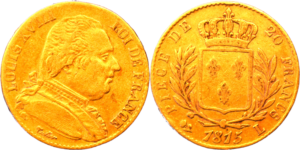 20 francs Louis XVIII 1815 L TB+ droit et revers