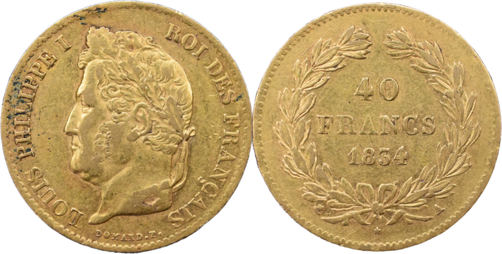 40 francs Louis-Philippe I 1834 A TB+ revers