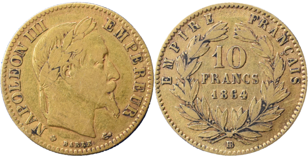 10 francs Napoléon III 1864 Grand BB TB droit et revers