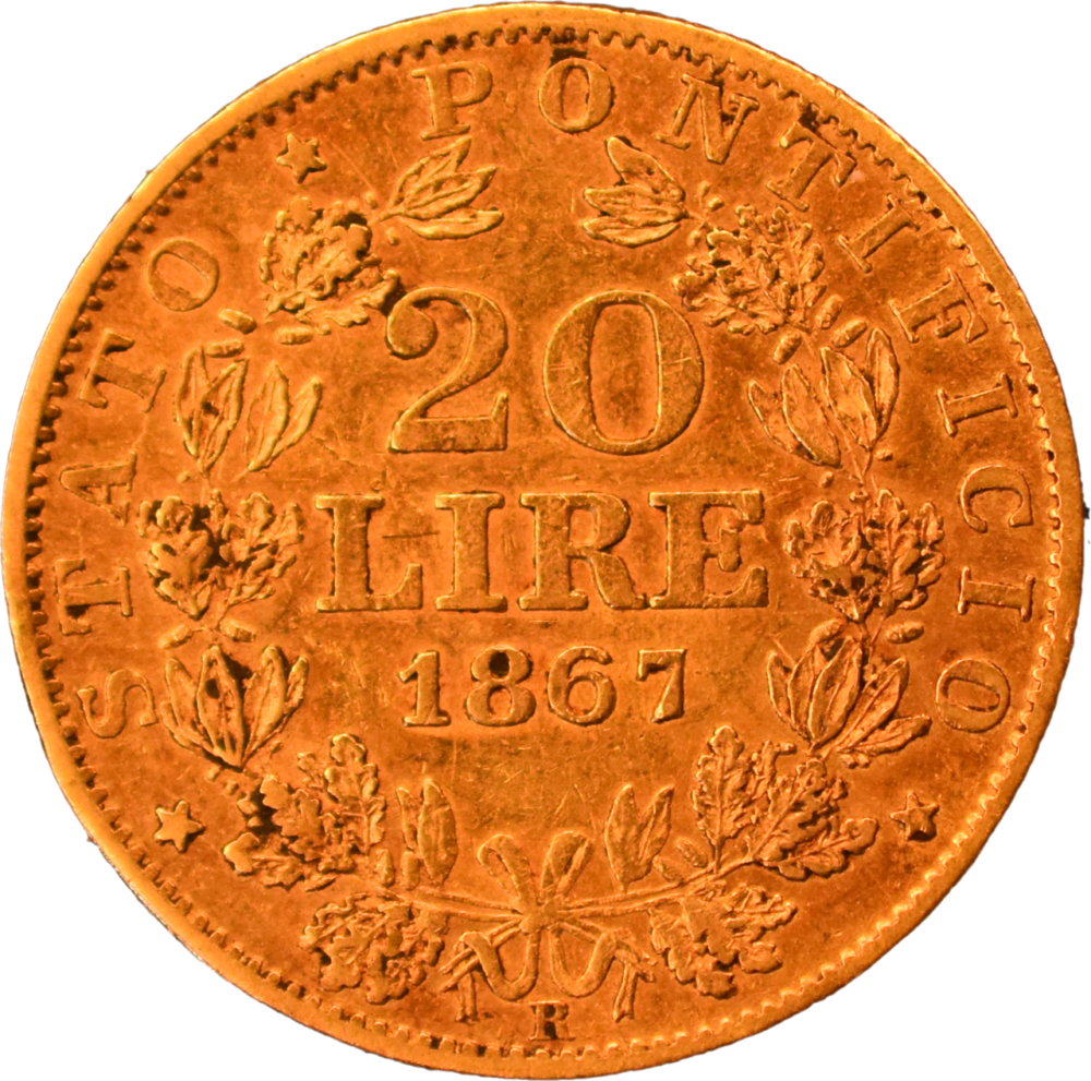 20 lire Pie IX 1867 R XXII TB+ revers