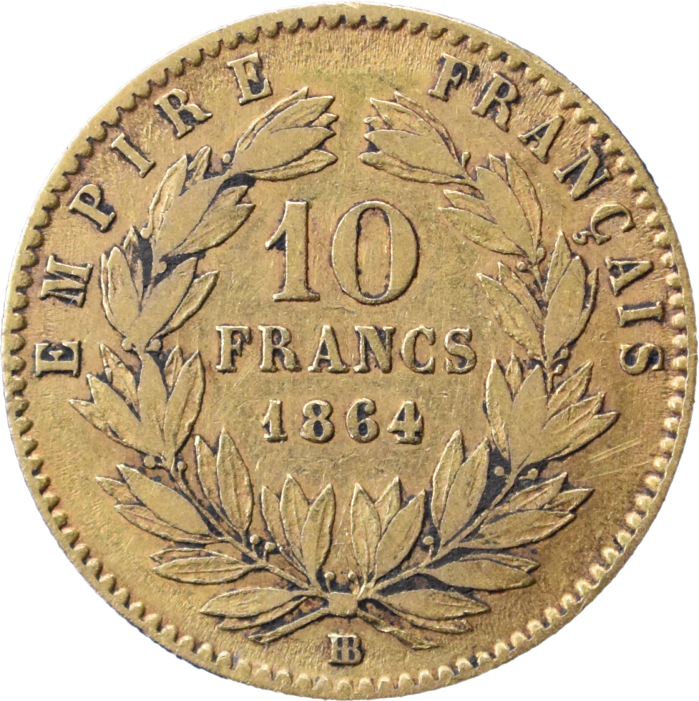 10 francs Napoléon III 1864 Grand BB TB revers