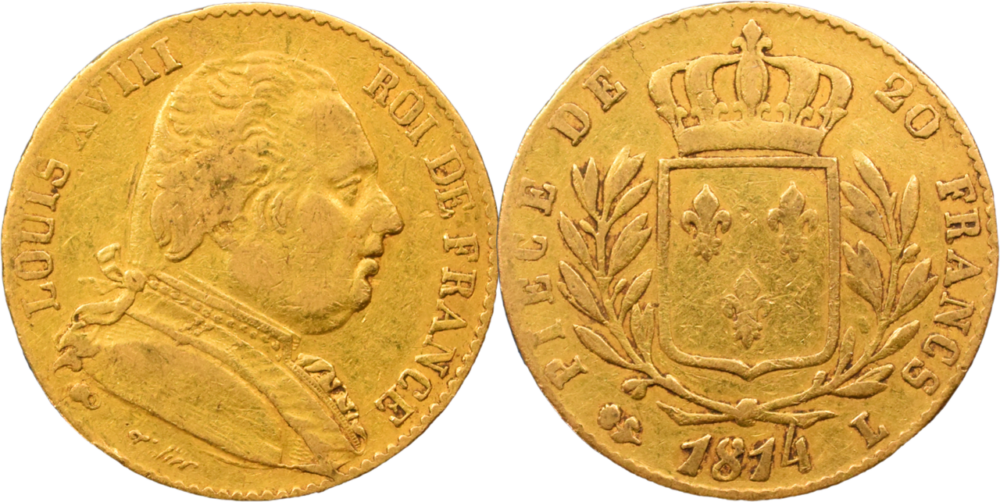 20 francs Louis XVIII 1814 L TB+ droit et revers