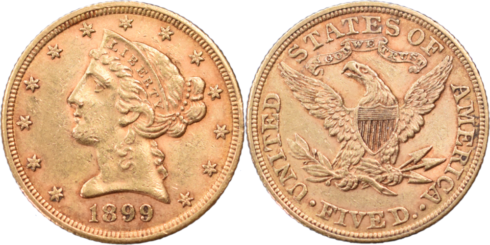 5 dollars USA half eagle selon disponibilités droit et revers