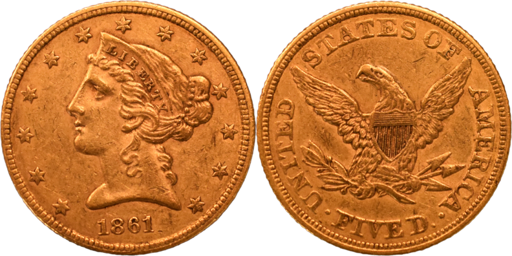 5 dollars 1861 Philadelphie TTB half eagle droit et revers