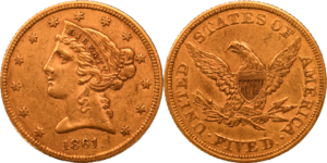 5 dollars 1861 Philadelphie TTB half eagle droit et revers