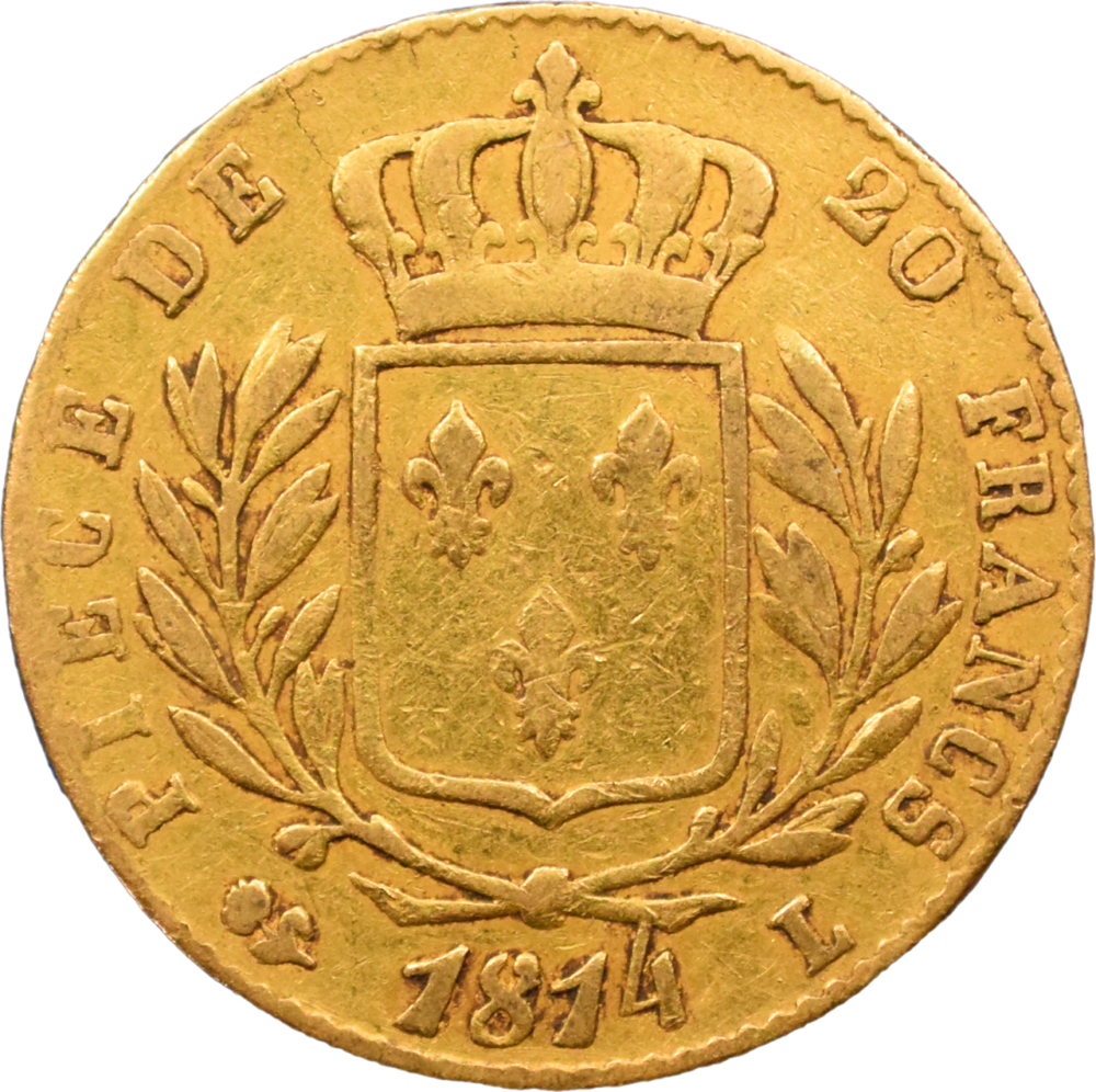 20 francs Louis XVIII 1814 L TB+ revers