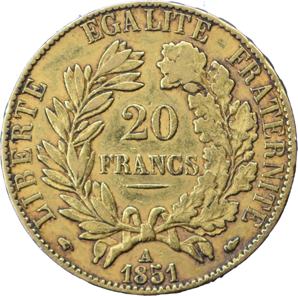 20 francs Cérès 1851 A sans point dans la signature TTB revers