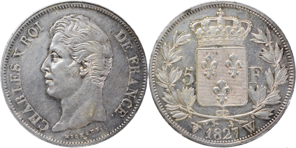 5 francs Charles X 1827 W TTB+ droit et revers