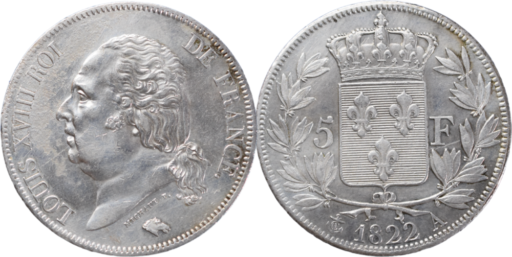 5 francs Louis XVIII 1822 A TTB droit et revers