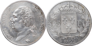 5 francs Louis XVIII 1822 A TTB droit et revers