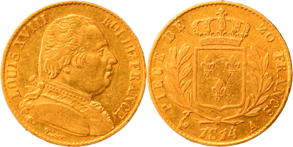 20 francs Louis XVIII 1814 A TTB droit et revers