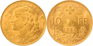 10 francs or Suisse demi Vreneli droit et revers