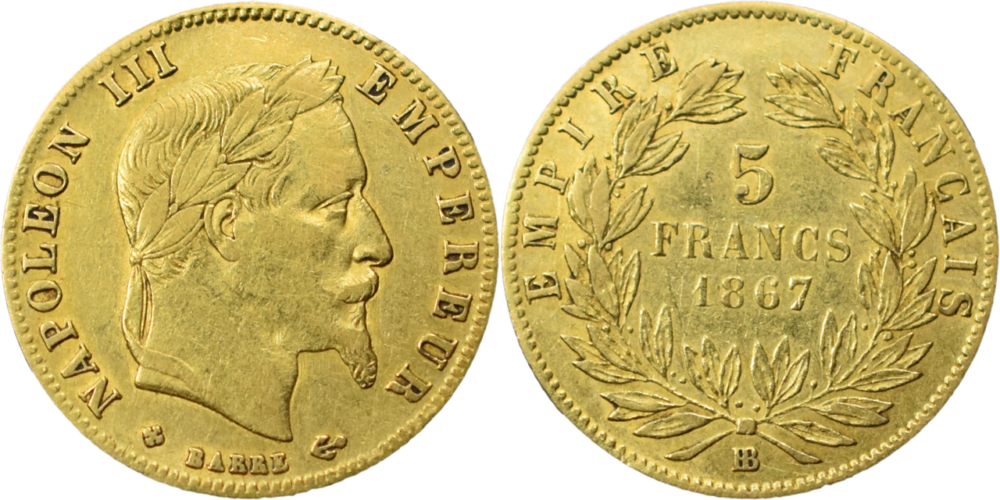 5 francs or Napoléon III 1867 BB TTB droit et revers