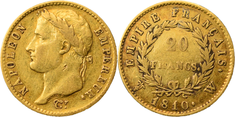 20 francs Napoléon 1810 W TB+ droit et revers