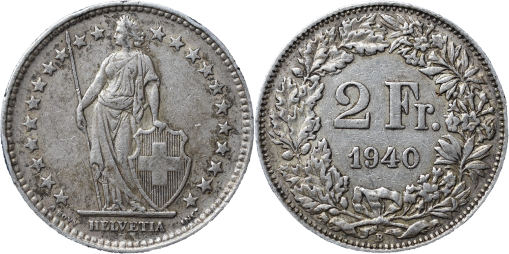 2 francs Helvetia argent droit et revers