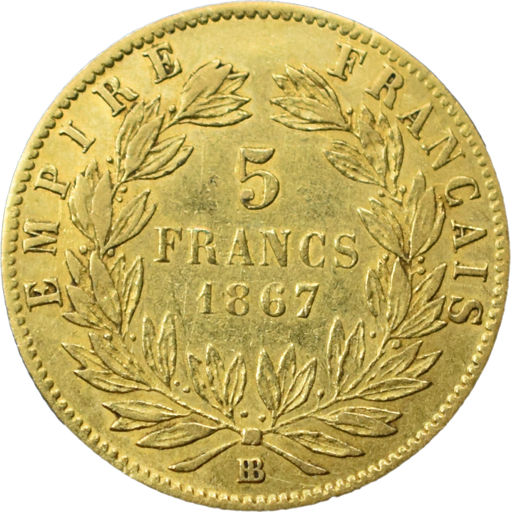 5 francs or Napoléon III 1867 BB TTB revers