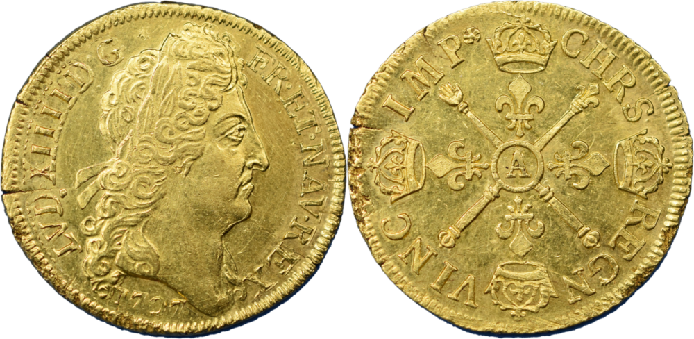 Louis XIV Double louis d’or aux insignes portrait aux cheveux longs 1707 Paris SUP droit et revers